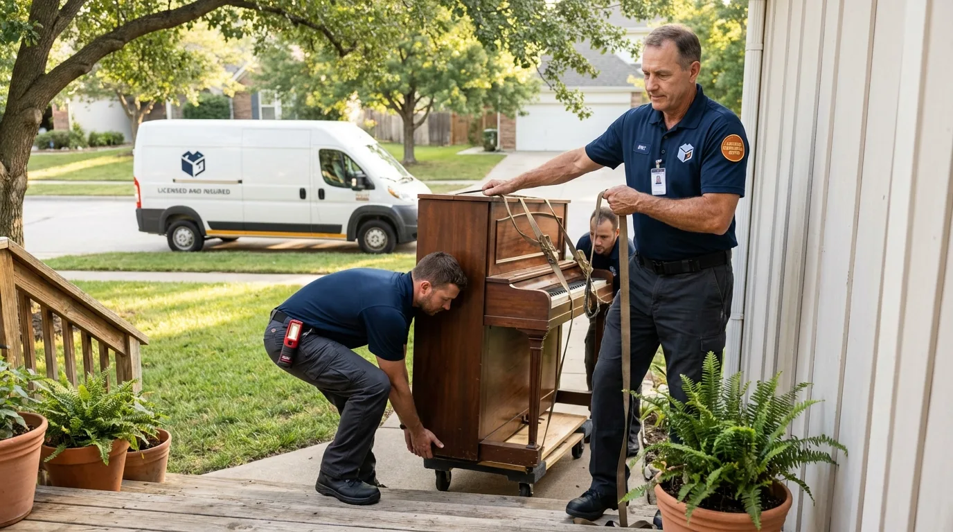 Licensed piano movers securing grand piano in Frankfort, IN