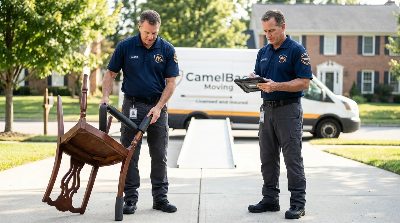 Movers inspecting furniture for damage prevention before loading in Frankfort, IN