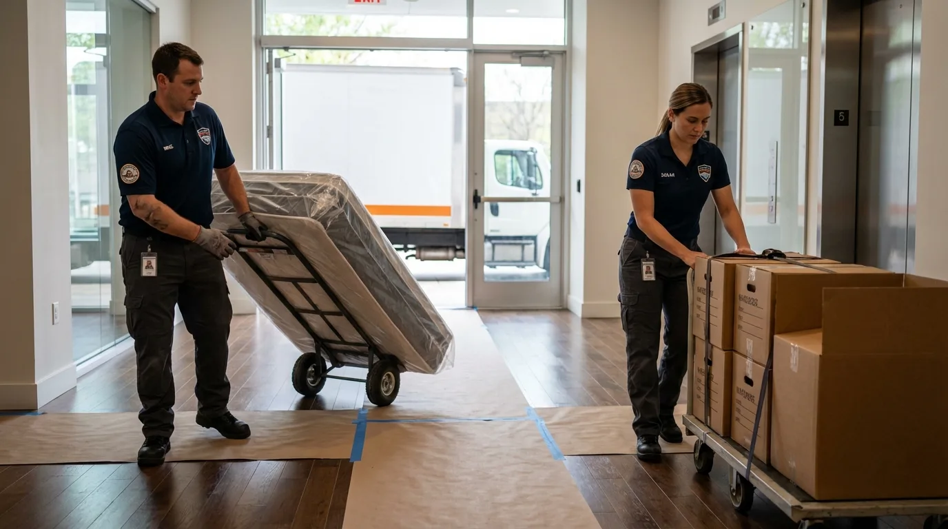 Professional apartment movers loading elevator in Frankfort, IN
