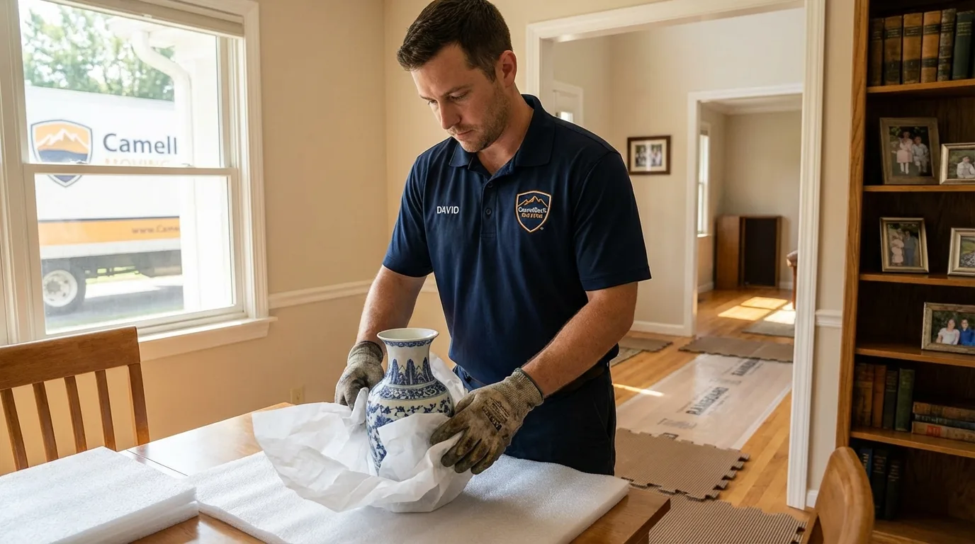 Professional crew carefully wrapping antique vase for senior downsizing move in Frankfort, IN